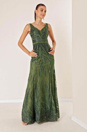 Kalın Askılı Hayalet Tüllü Astarlı Simli Uzun Elbise Haki