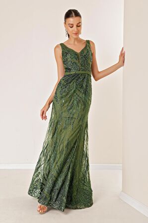 Kalın Askılı Hayalet Tüllü Astarlı Simli Uzun Elbise Haki