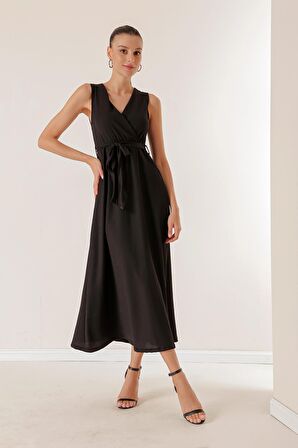 Kruvaze Yaka Beli Kuşaklı Gofre Elbise