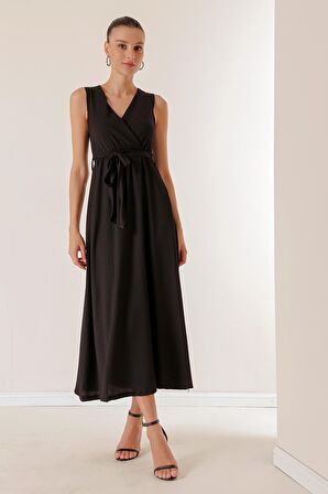 Kruvaze Yaka Beli Kuşaklı Gofre Elbise