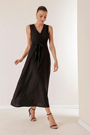 Kruvaze Yaka Beli Kuşaklı Gofre Elbise