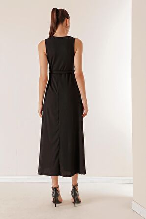 Kruvaze Yaka Beli Kuşaklı Gofre Elbise