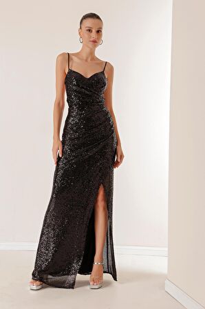 İp Askılı Önü Drapeli Arkası Bağcıklı Astarlı Uzun Pulpayet Elbise