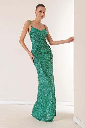 İp Askılı Önü Drapeli Arkası Bağcıklı Astarlı Uzun Pulpayet Elbise