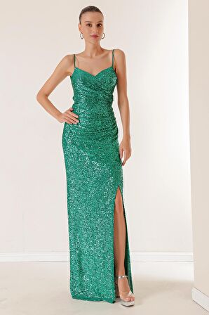 İp Askılı Önü Drapeli Arkası Bağcıklı Astarlı Uzun Pulpayet Elbise