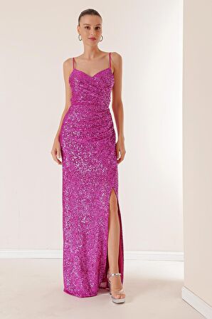 İp Askılı Önü Drapeli Arkası Bağcıklı Astarlı Uzun Pulpayet Elbise