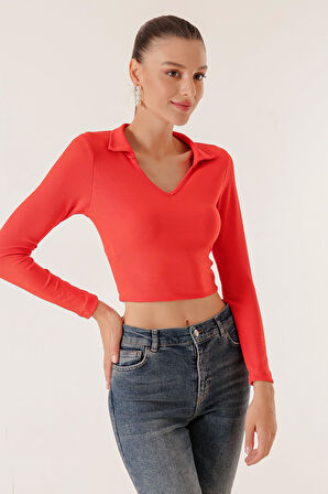 Polo Yaka Kaşkorse Crop Bluz