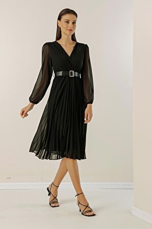 Kruvaze Yaka Beli Kemerli Pileli Astarlı Şifon Elbise