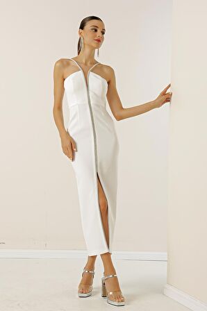 Taş Detaylı Önü Yırtmaçlı Tela Kaplama Krep Abiye Elbise