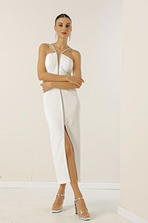 Taş Detaylı Önü Yırtmaçlı Tela Kaplama Krep Abiye Elbise