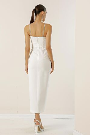 Taş Detaylı Önü Yırtmaçlı Tela Kaplama Krep Abiye Elbise