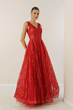 Ön Arka V Yaka Üstü Boncuk Detaylı Astarlı Arkası Bağcıklı Pullu Simli Uzun Elbise