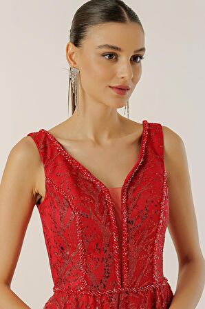 Ön Arka V Yaka Üstü Boncuk Detaylı Astarlı Arkası Bağcıklı Pullu Simli Uzun Elbise