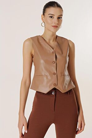 Önü Düğmeli Cepli Astarlı Deri Yelek