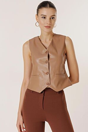 Önü Düğmeli Cepli Astarlı Deri Yelek