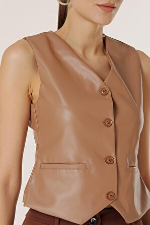 Önü Düğmeli Cepli Astarlı Deri Yelek