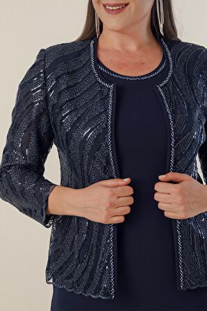 Yarım Ay Kollu Uzun Elbise Boncuk Pul Nakışlı Tül Ceket Astarlı Büyük Beden 2'li Takım