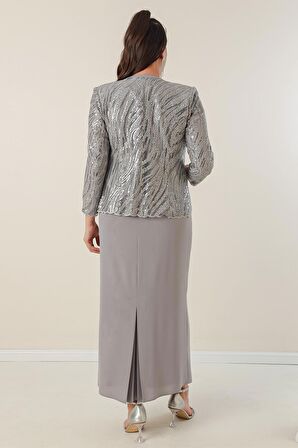 Yarım Ay Kollu Uzun Elbise Boncuk Pul Nakışlı Tül Ceket Astarlı Büyük Beden 2'li Takım