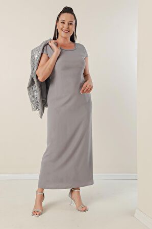 Yarım Ay Kollu Uzun Elbise Boncuk Pul Nakışlı Tül Ceket Astarlı Büyük Beden 2'li Takım