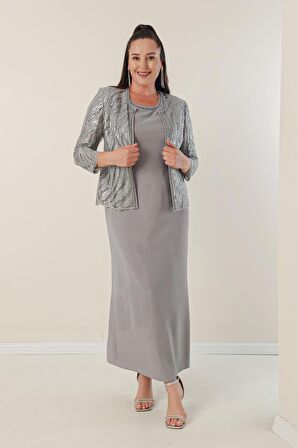 Yarım Ay Kollu Uzun Elbise Boncuk Pul Nakışlı Tül Ceket Astarlı Büyük Beden 2'li Takım