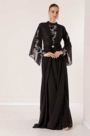 Pullu Yaldızlı Beli Taş Ve Tüy Detay Kemerli Astarlı Karışık Desenli Büyük Beden Şifon Uzun Tesettür Elbise