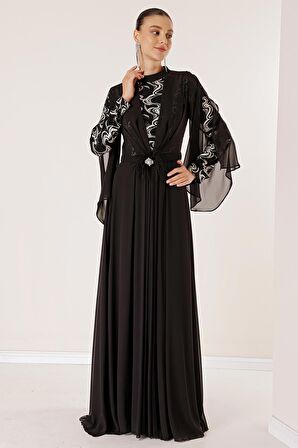 Pullu Yaldızlı Beli Taş Ve Tüy Detay Kemerli Astarlı Karışık Desenli Büyük Beden Şifon Uzun Tesettür Elbise