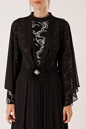 Pullu Yaldızlı Beli Taş Ve Tüy Detay Kemerli Astarlı Karışık Desenli Büyük Beden Şifon Uzun Tesettür Elbise