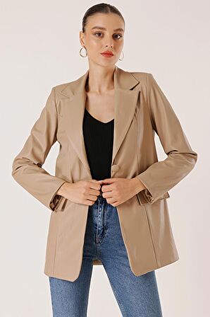 Çift Düğmeli Sahte Cepli Astarlı Deri Ceket