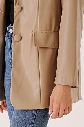 Çift Düğmeli Sahte Cepli Astarlı Deri Ceket