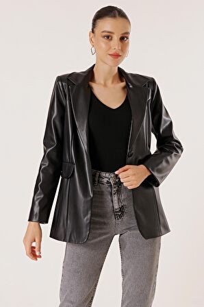 Tek Düğmeli Sahte Cepli Astarlı Deri Ceket