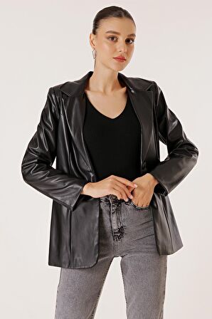 Tek Düğmeli Sahte Cepli Astarlı Deri Ceket