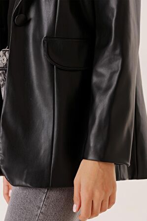 Tek Düğmeli Sahte Cepli Astarlı Deri Ceket