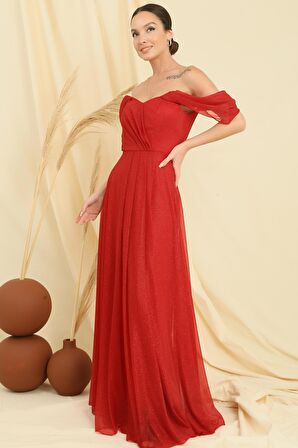 Düşük Kollu Astarlı Eteği Piliseli Simli Uzun Tül Elbise