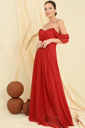 Düşük Kollu Astarlı Eteği Piliseli Simli Uzun Tül Elbise