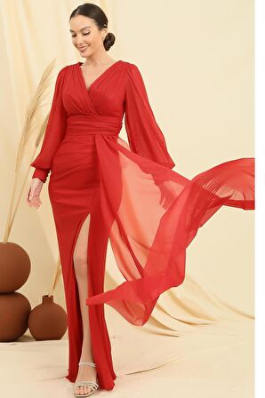 Kruvaze Yaka Kolları Düğmeli Astarlı Mendilli Simli Uzun Elbise