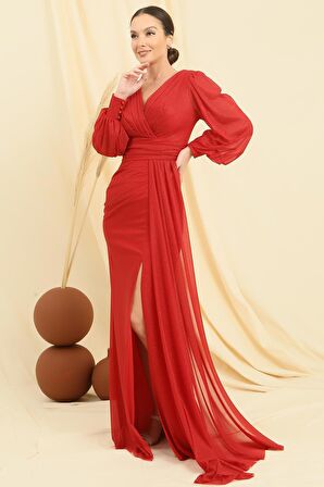 Kruvaze Yaka Kolları Düğmeli Astarlı Mendilli Simli Uzun Elbise