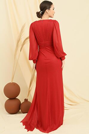 Kruvaze Yaka Kolları Düğmeli Astarlı Mendilli Simli Uzun Elbise