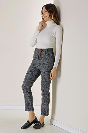 Beli Lastikli Kemerli Yandan Cepli Cam Kırığı Desen Dar Paça Pantolon