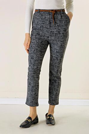 Beli Lastikli Kemerli Yandan Cepli Cam Kırığı Desen Dar Paça Pantolon