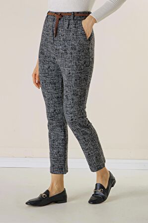 Beli Lastikli Kemerli Yandan Cepli Cam Kırığı Desen Dar Paça Pantolon