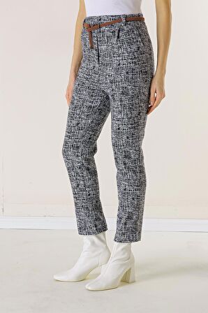 Beli Lastikli Kemerli Yandan Cepli Cam Kırığı Desen Dar Paça Pantolon