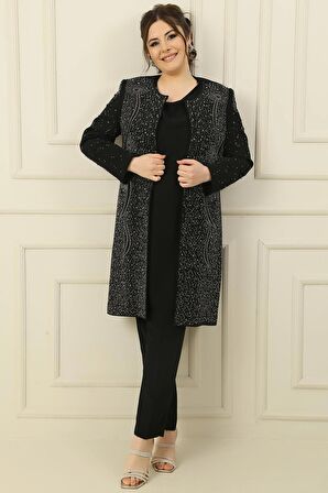 İçi Kolsuz Bluz Taş Baskılı Astarlı Uzun Ceket dar Paça Pantolon Büyük Beden 3'lü Takım