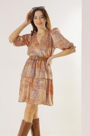 Kruvaze Yaka Astarlı Beli Kemerli Dal Desenli Katlı Saten Elbise