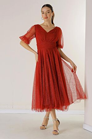 Ön Arka V Yaka Kısa Balon Kollu Astarlı Örümcek Desenli Simli Dalya Kumaş Elbise