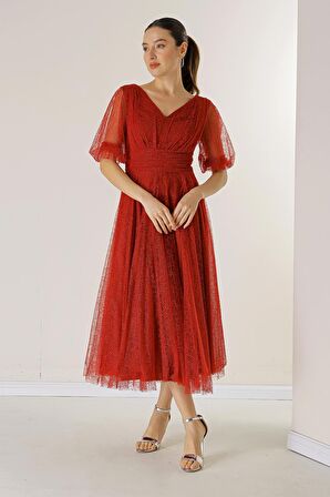 Ön Arka V Yaka Kısa Balon Kollu Astarlı Örümcek Desenli Simli Dalya Kumaş Elbise