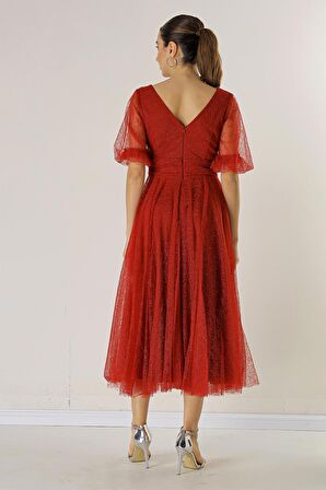 Ön Arka V Yaka Kısa Balon Kollu Astarlı Örümcek Desenli Simli Dalya Kumaş Elbise