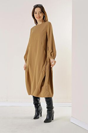 Kolu Düğmeli Cepli Fırfırlı Liyocel Elbise