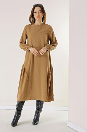 Kolu Düğmeli Cepli Fırfırlı Liyocel Elbise