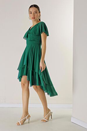 Önü Kısa Arkası Uzun Astarlı Volanlı Katlı Şifon Elbise