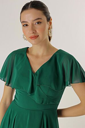 Önü Kısa Arkası Uzun Astarlı Volanlı Katlı Şifon Elbise